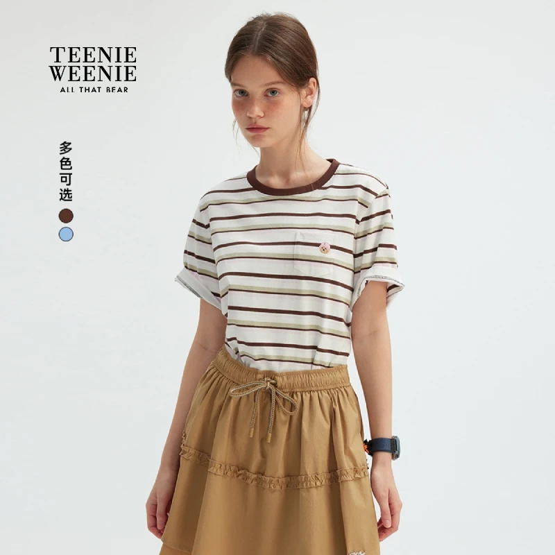 TeenieWeenie小熊女装T恤25夏新款条纹撞色圆领短袖女TTRA253705T
