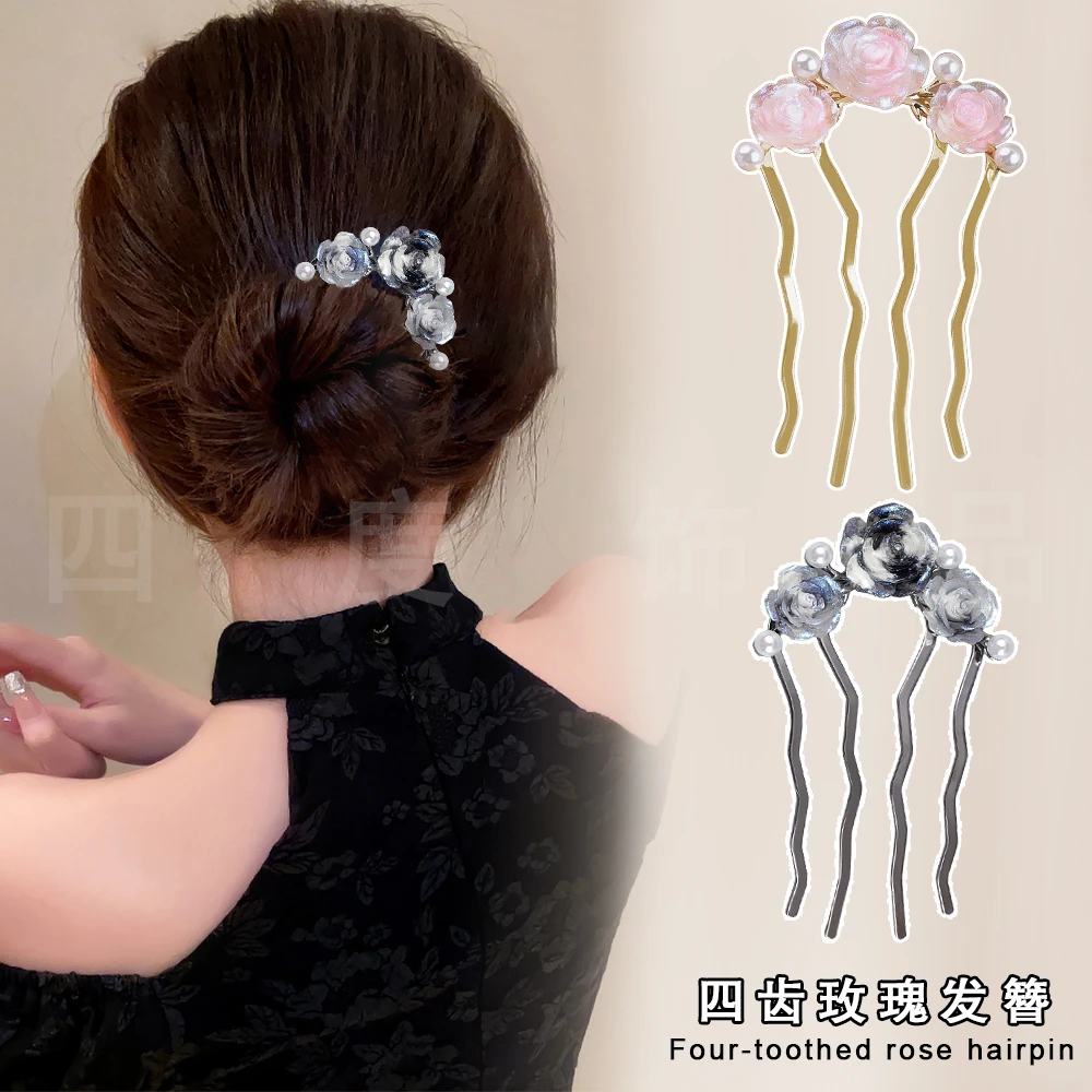 轻奢气质渲染蓝色珠光渐变玫瑰花四齿珠珠国风发簪后脑勺盘发齿梳