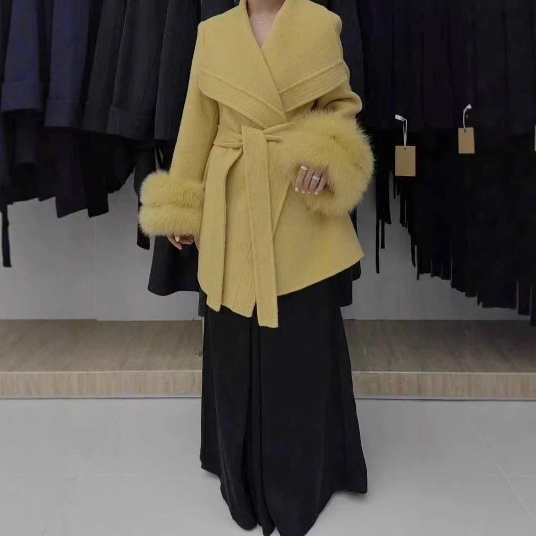 冬纹边长款2025双毛袖狐狸毛双面羊毛大衣高端气质时尚毛呢外套女