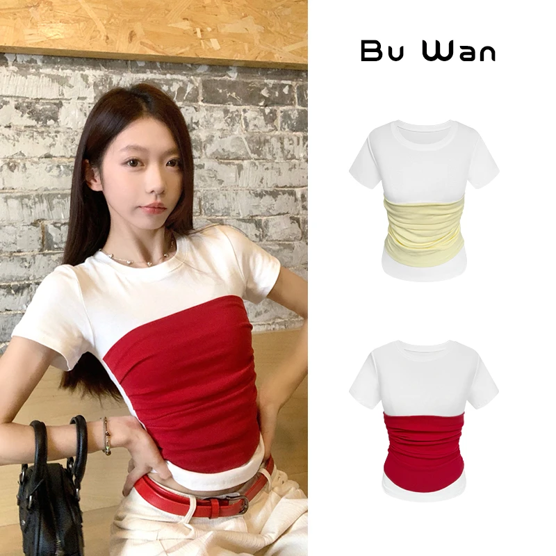 假两件拼接正肩短袖T恤女夏季短款修身显瘦圆领设计感上衣女B3607