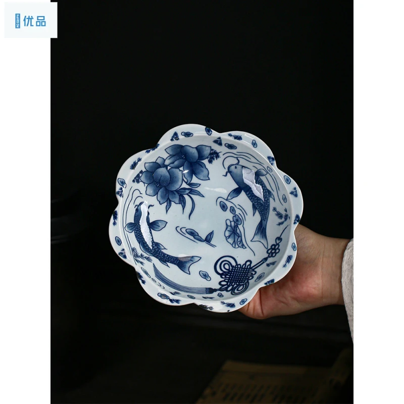 青花瓷复古高脚果盘中式创意花边茶点盘干坚果糕中式茶道家用茶具