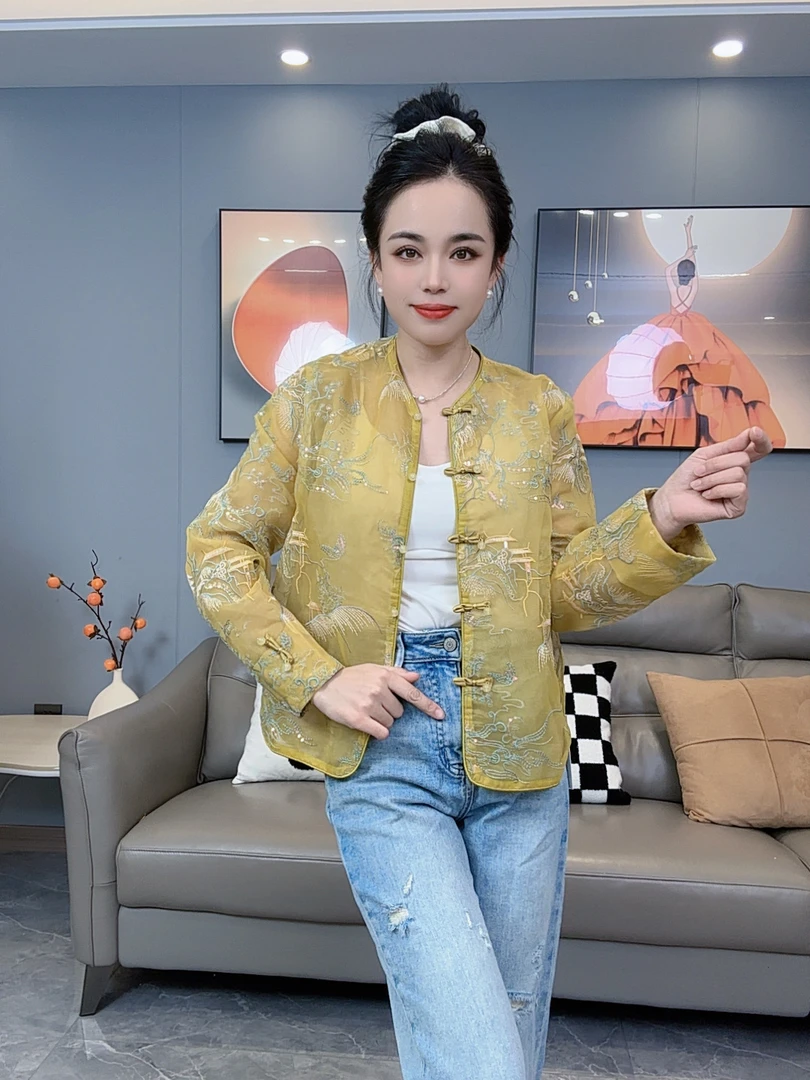 新中式国风气质盘扣重工刺绣提花包边质感纱纱绣花外套8931中国风