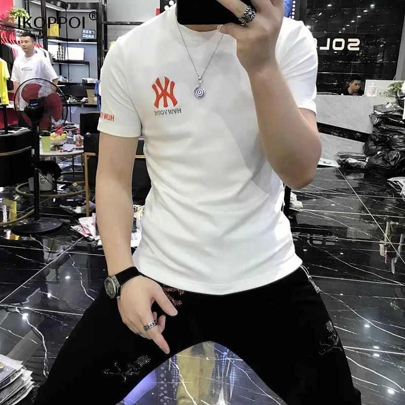 欧洲站2025男士夏季新款字母刺绣冰丝短袖T恤打底衫网红潮牌修身