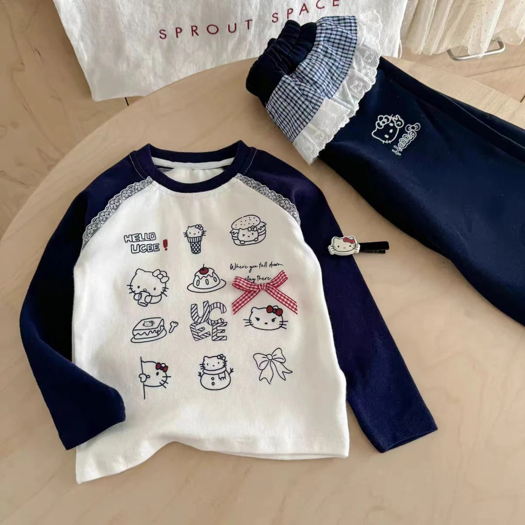 女童T恤2025春秋新款韩版卡通kt猫插肩拼色长袖上衣