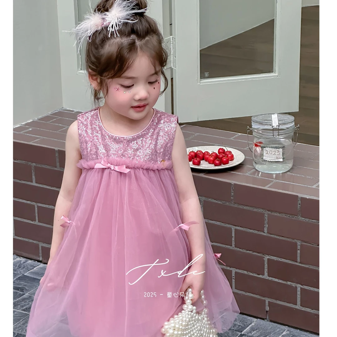 原创重工女童甜美亮片公主网纱连衣裙蝴蝶结生日周岁礼服公主裙
