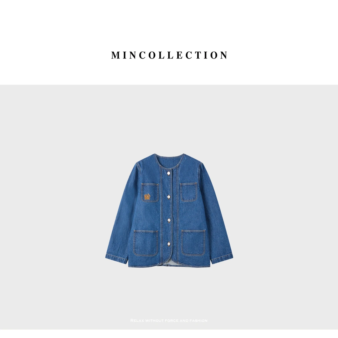 DE Mincollection贴袋牛仔外套/显瘦明线小香风复古圆领外套40460