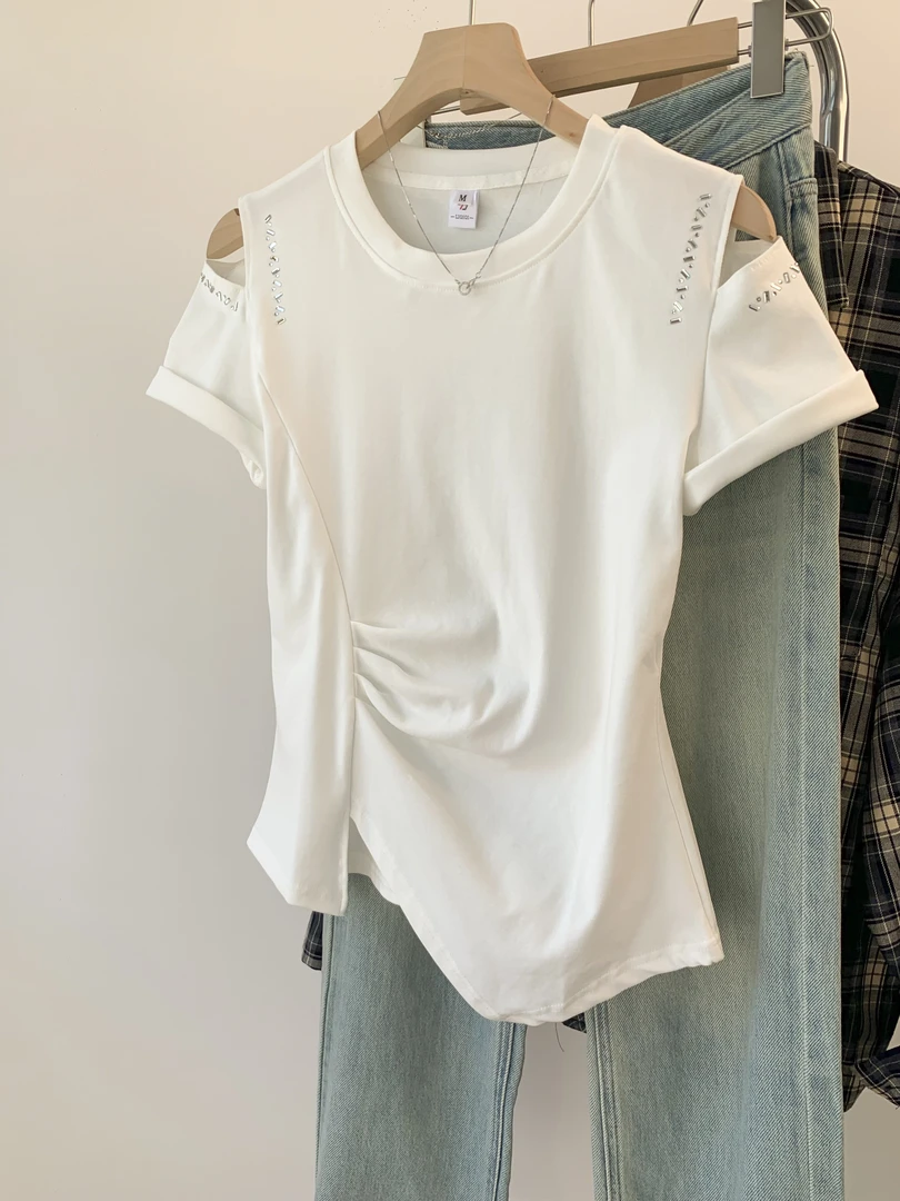 修身不规则独特上衣2025夏季新款胖MM大码女装圆领正肩短袖t恤女