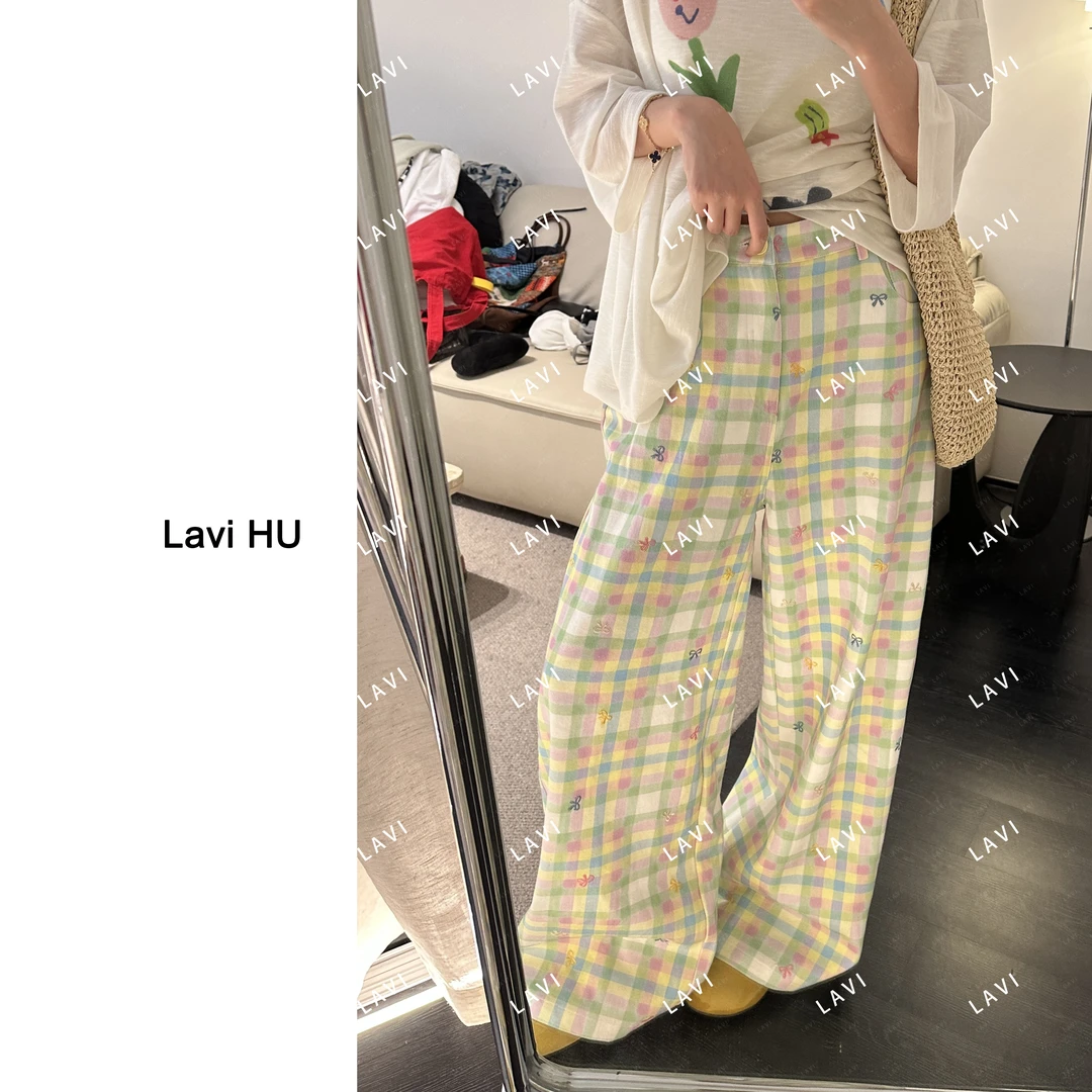 薄荷糖 百搭时尚直筒宽松格子印花刺绣休闲裤LW1320
