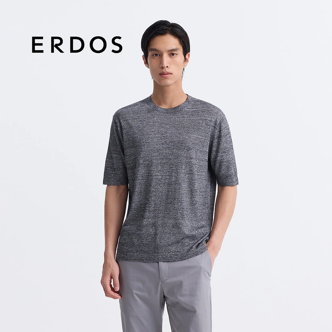 【精纺】ERDOS 男装丝麻绒圆领T恤25年春夏新品轻薄透气灰短袖