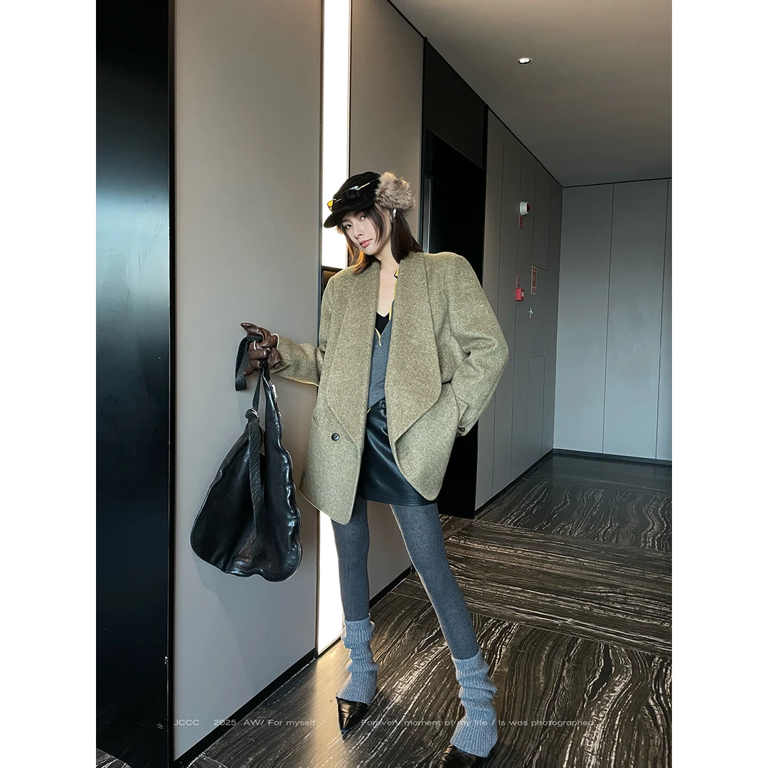 JCCC影子【盐茶】绿色绵羊毛极简老钱单面呢大衣JE5HMW10