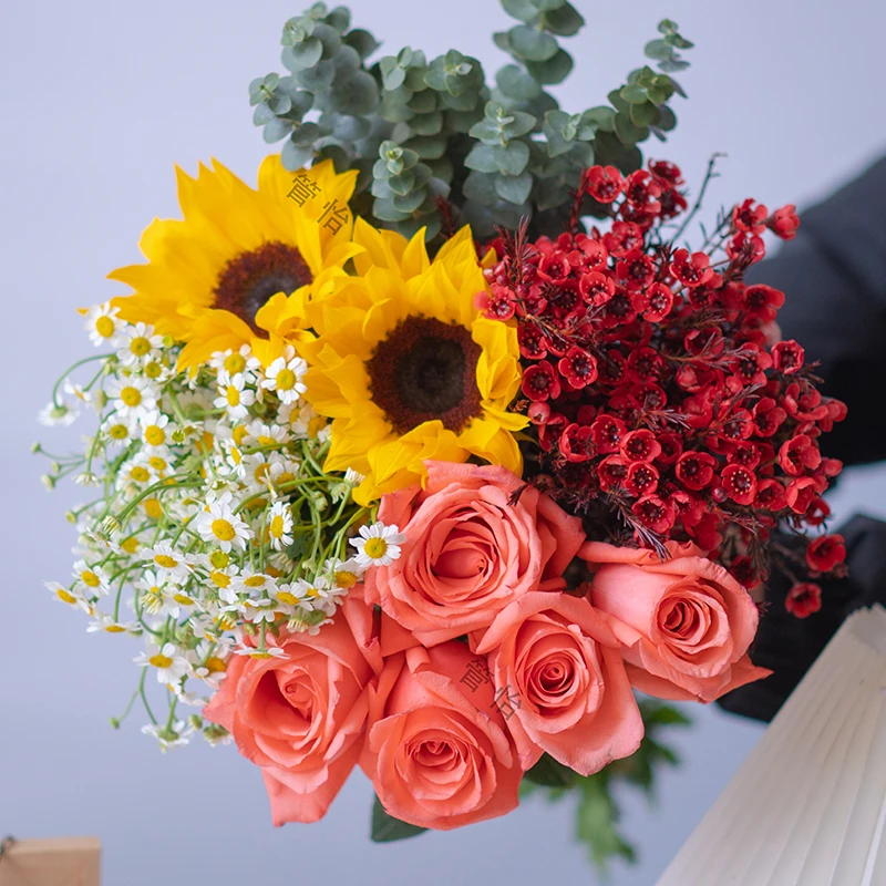 【爆款鲜花】粉玫瑰+向日葵+腊梅+洋甘菊+配草 云南基地直发鲜切花