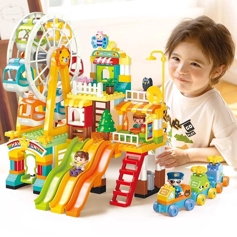 费乐大颗粒拼装积木摩天轮彩虹滑道游乐园风车别墅屋儿童益智玩具