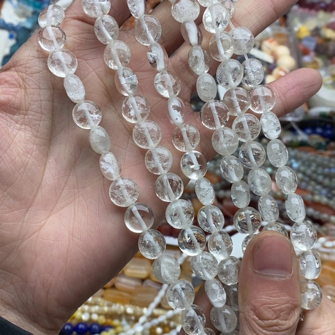 玛瑙/玉髓未镶嵌珠宝半成品一条天然6×10白水晶胖圆饼