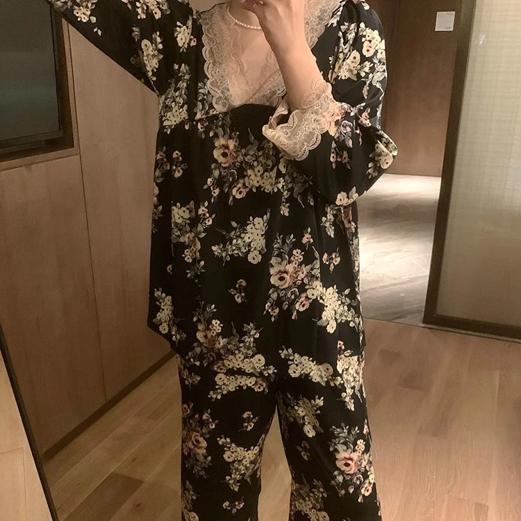 夏季法式冰丝睡衣女网红爆款2025新款黑金花蕾丝家居服女可外穿