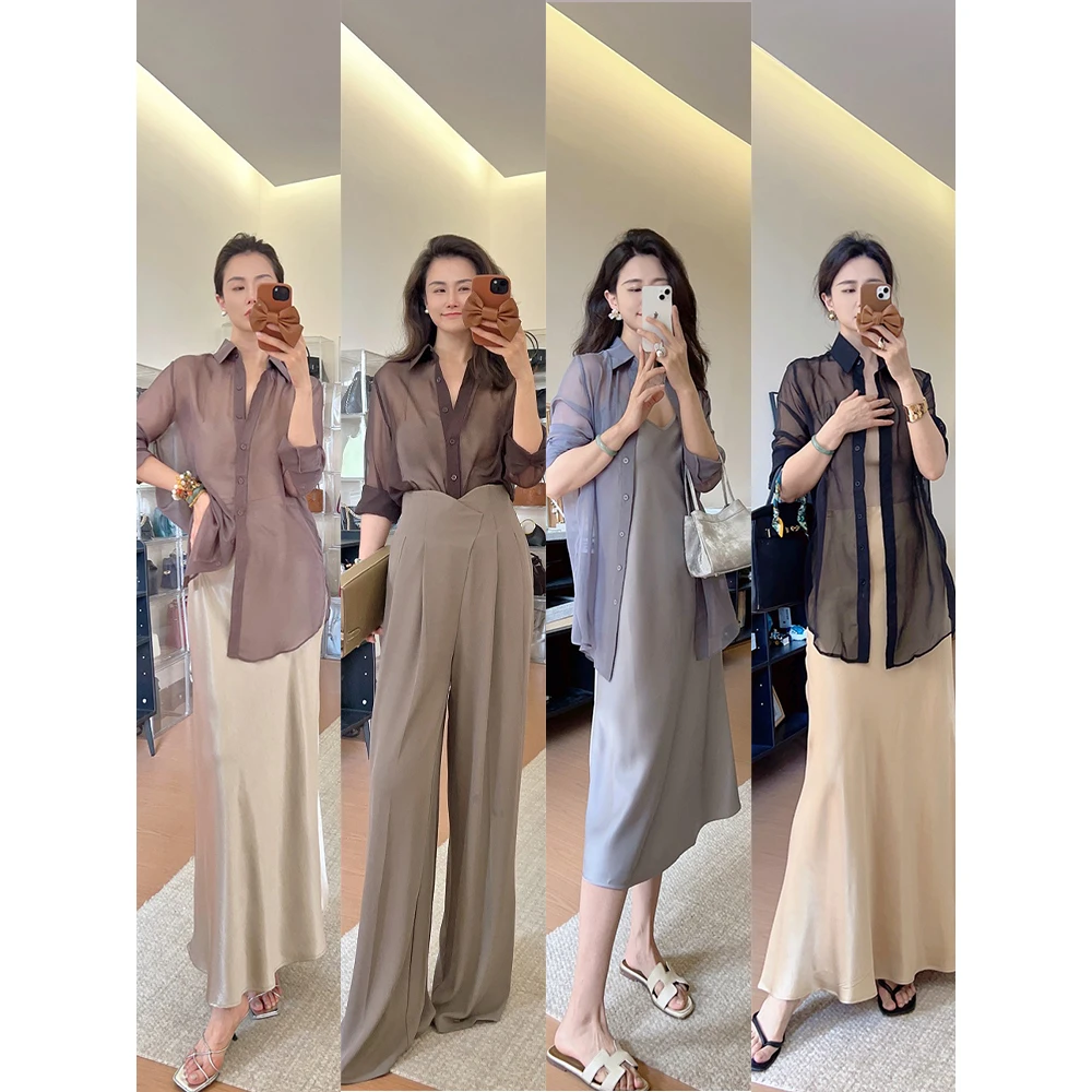 清仓不退不换【挽纱】透气侧开叉微透视衬衫上衣