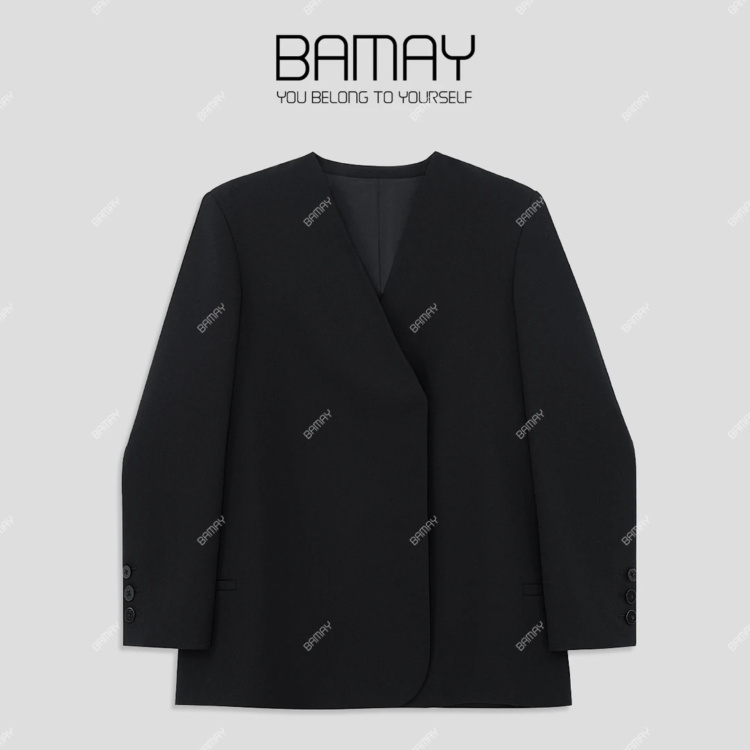 【BAMAY】2025春季新款百搭宽松V领斜门襟暗扣西装BM251XZ001LP
