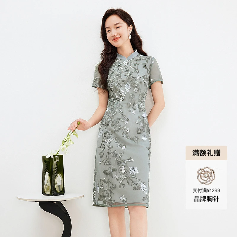 珂莱蒂尔夏季温婉风日常花色提花短款国风牡丹旗袍裙连衣裙