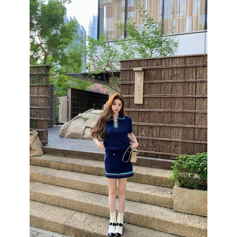 小香风韩版短袖翻领女修身型毛针织衫蝴蝶结带钻装饰针织上衣半裙