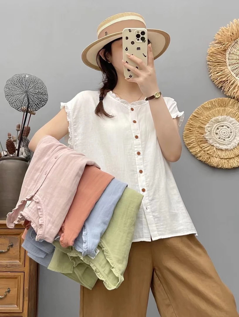 夏欧若风清爽木耳边无袖衬衫 棉纱短袖女 文艺宽松休闲圆领上衣