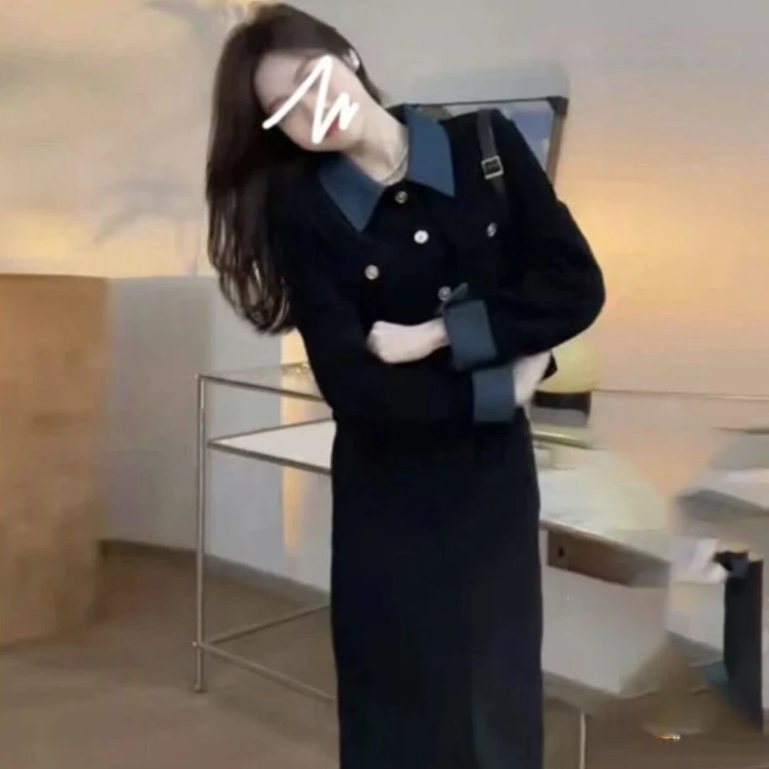 春季新款大码女装胖MM赫本风A字板型高级黑色两件套