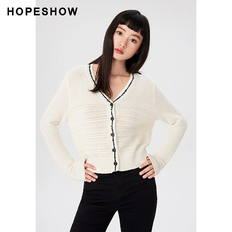 红袖秋季2023新款女装 香风撞色边单排扣V领针织开衫89123340129