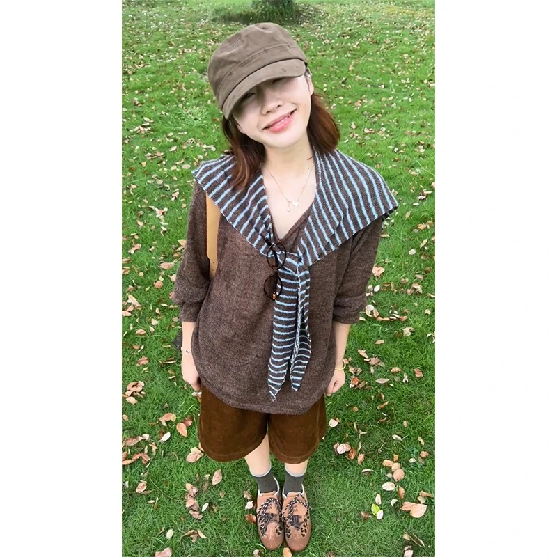 2025早秋新款韩系穿搭宽松百搭长袖毛衣上衣条纹披肩高腰阔腿短裤