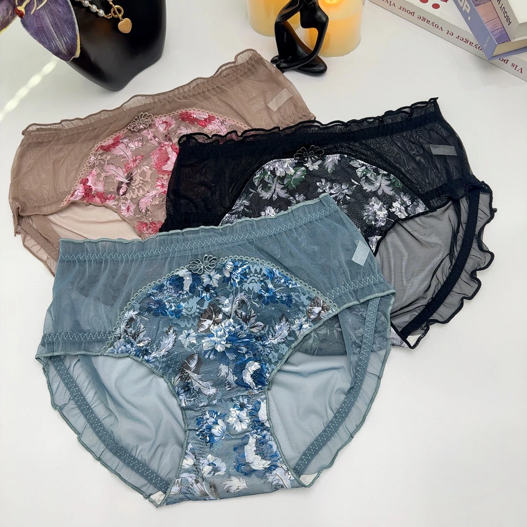 新款国风旗袍风网纱拼接轻奢花朵高弹高腰大码女士内裤