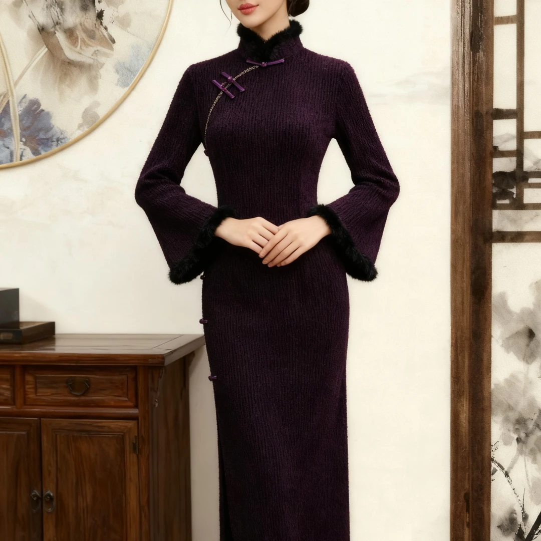 【紫馨】上上喜冬季保暖加厚修身时尚优雅复古长旗袍