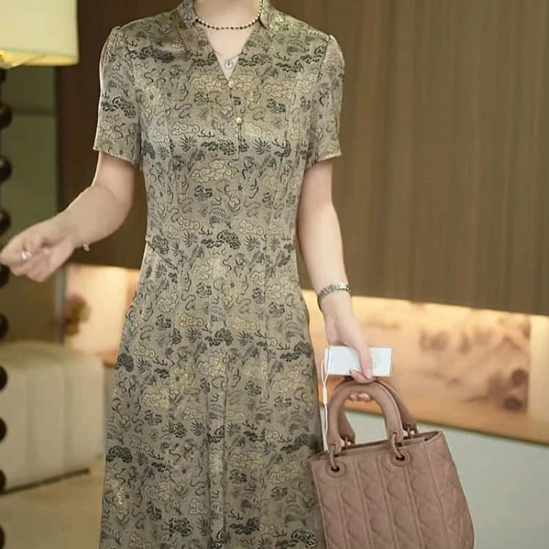 2025夏季新款精致时尚优雅复古风印花新中式收腰显瘦上档次连衣裙