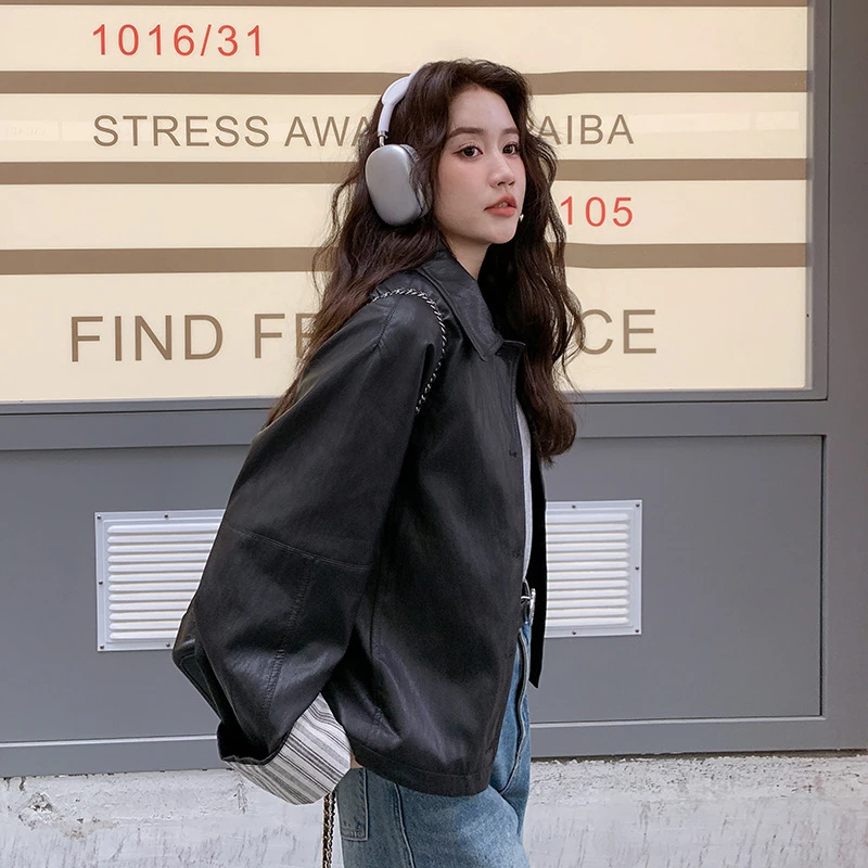 韩系高级感皮衣外套女2025春秋季百搭翻领袖口韩版气质宽松机车服