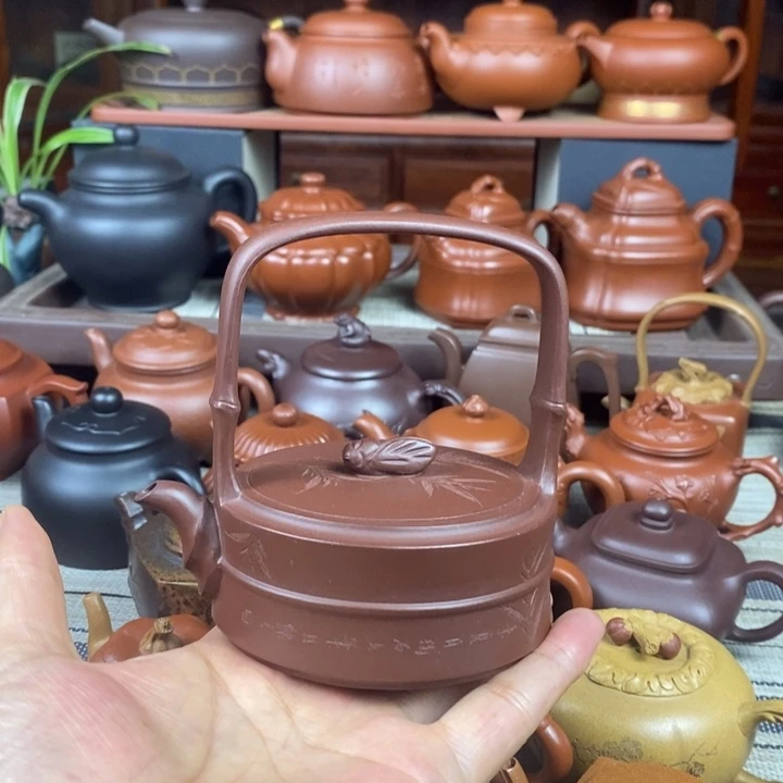 茶壶紫砂竹节提梁180cc原矿老紫泥特价