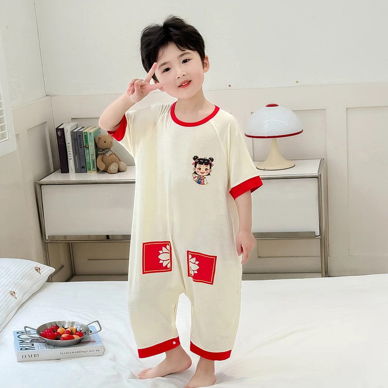 男童哪吒睡衣夏季薄款莫代尔男孩短袖空调服宝宝睡袋夏款儿童爬服