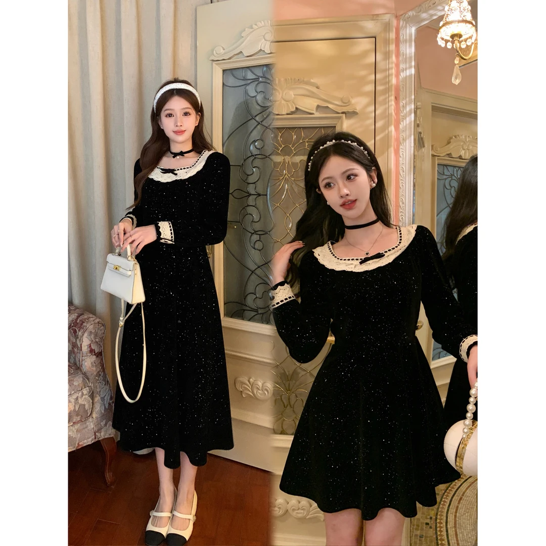 【小曹大码】赫本风黑色连衣裙长袖复古法式气质方领连衣裙-LK2895