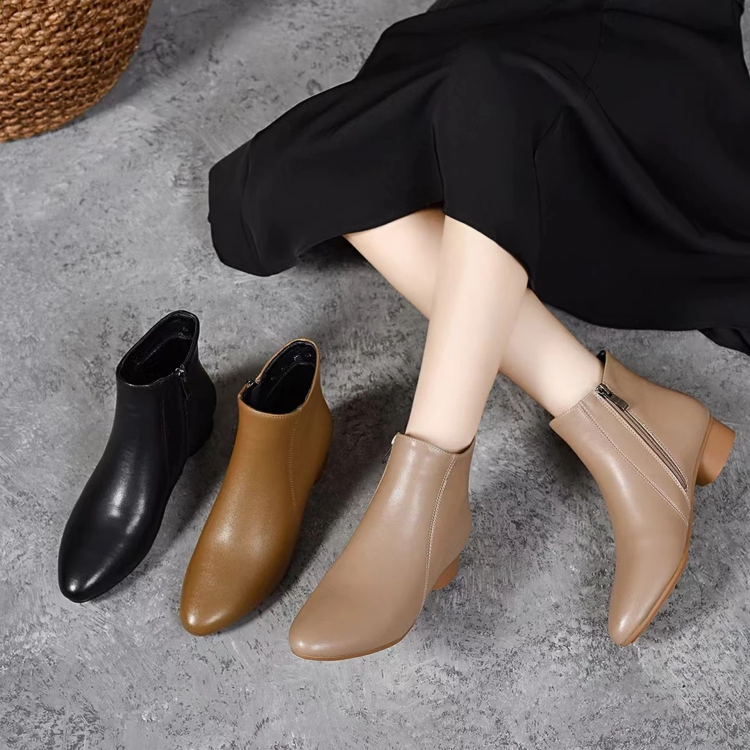 女士真牛皮靴子时装短靴拉链款皮鞋尖头低跟加绒加厚女靴中跟真皮
