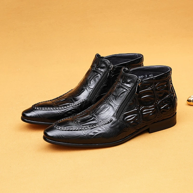 真皮切尔西靴男士鳄鱼纹皮靴英伦风商务时装靴男款高帮皮鞋男皮靴