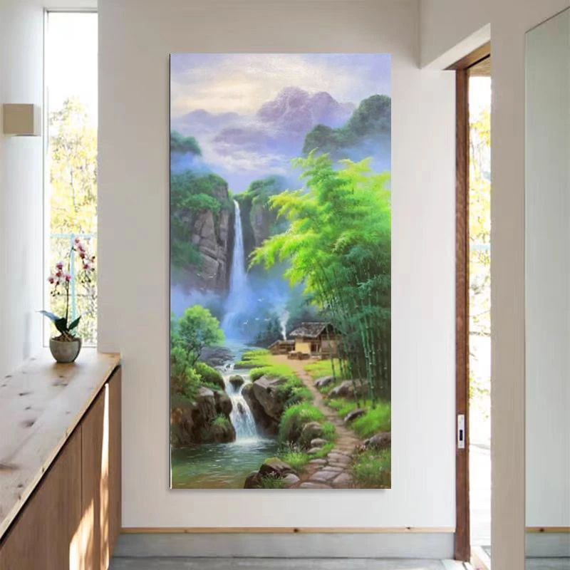 定金《竹林山居》60*120含内框，刘春建原创手绘油画，肌理装饰画挂画