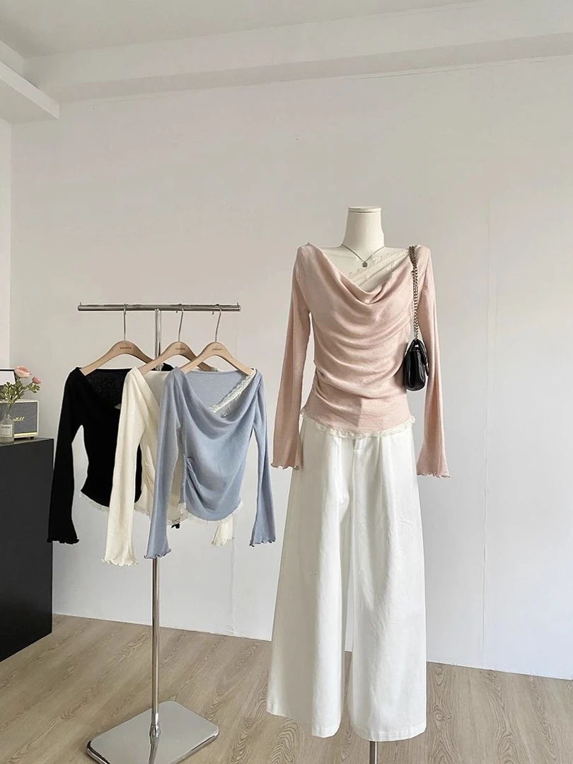 假两件荡领显瘦穿搭白色长袖春季背心打底衫新款时尚洋气百搭女装