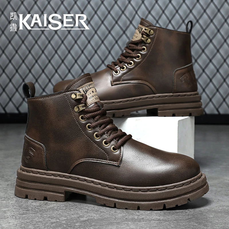 凯撒男鞋秋季英伦风厚底耐磨工装短靴男士复古百搭防滑休闲马丁靴