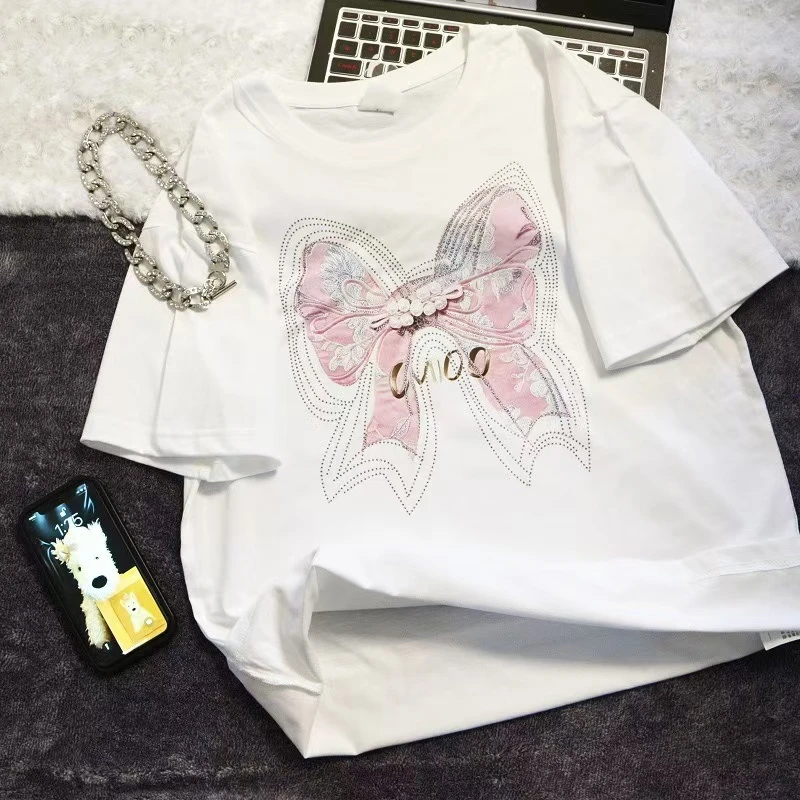 圆领蝴蝶结印花短袖休闲上衣女装T恤544