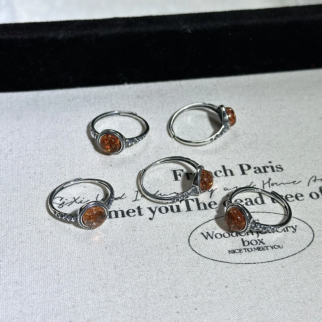 金太阳蛋面镶嵌925银托戒指