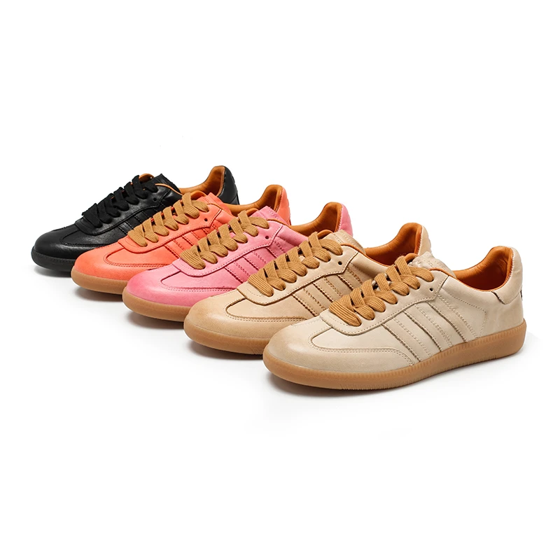 2838-2031洗水头层牛皮德训鞋女复古板鞋百搭休闲运动鞋小白鞋女