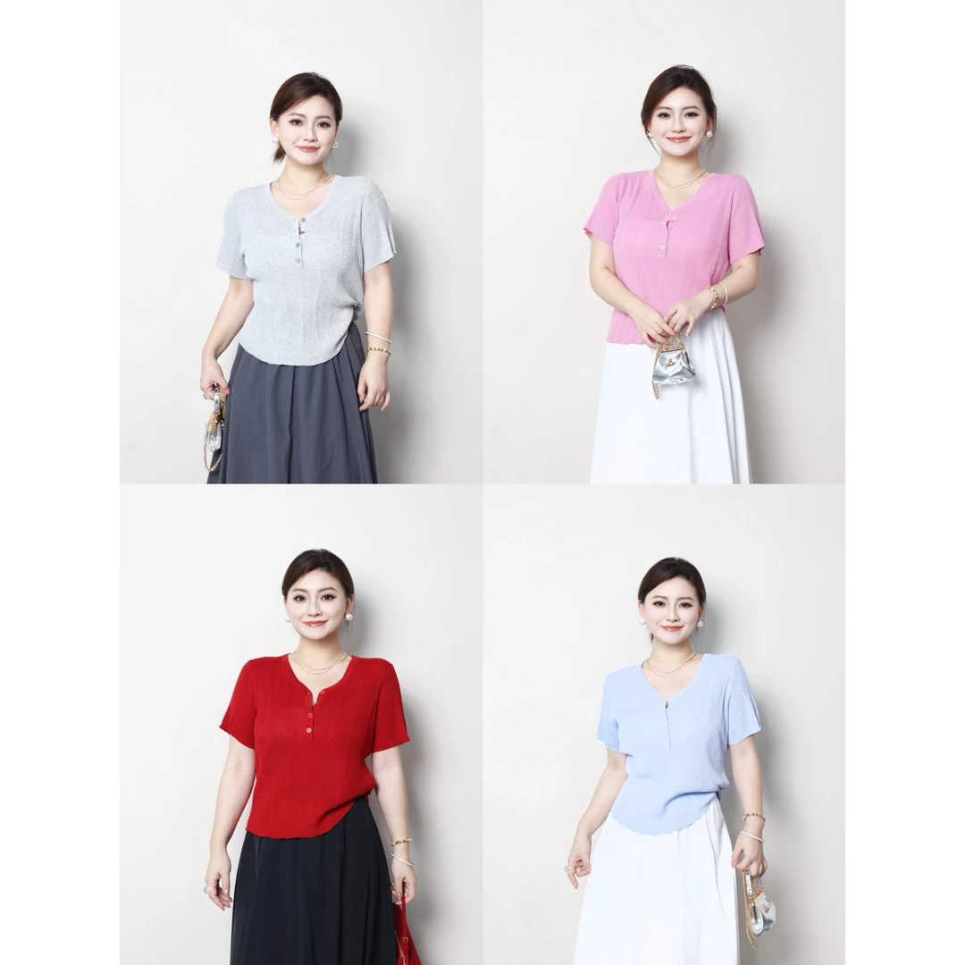 裂渡杨杨【贝壳夏日】微胖大码女夏气质百搭显瘦针织T恤ZY506F14