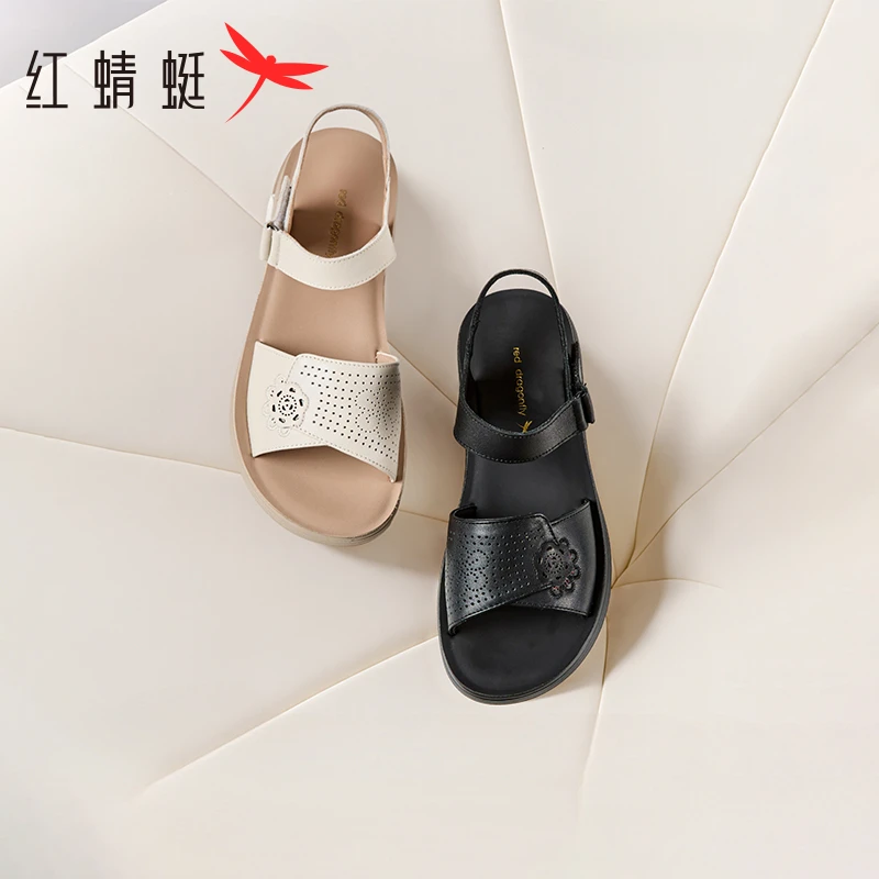 红蜻蜓妈妈凉鞋2025夏季新款女鞋舒适平底鞋子真皮软底中老年凉鞋