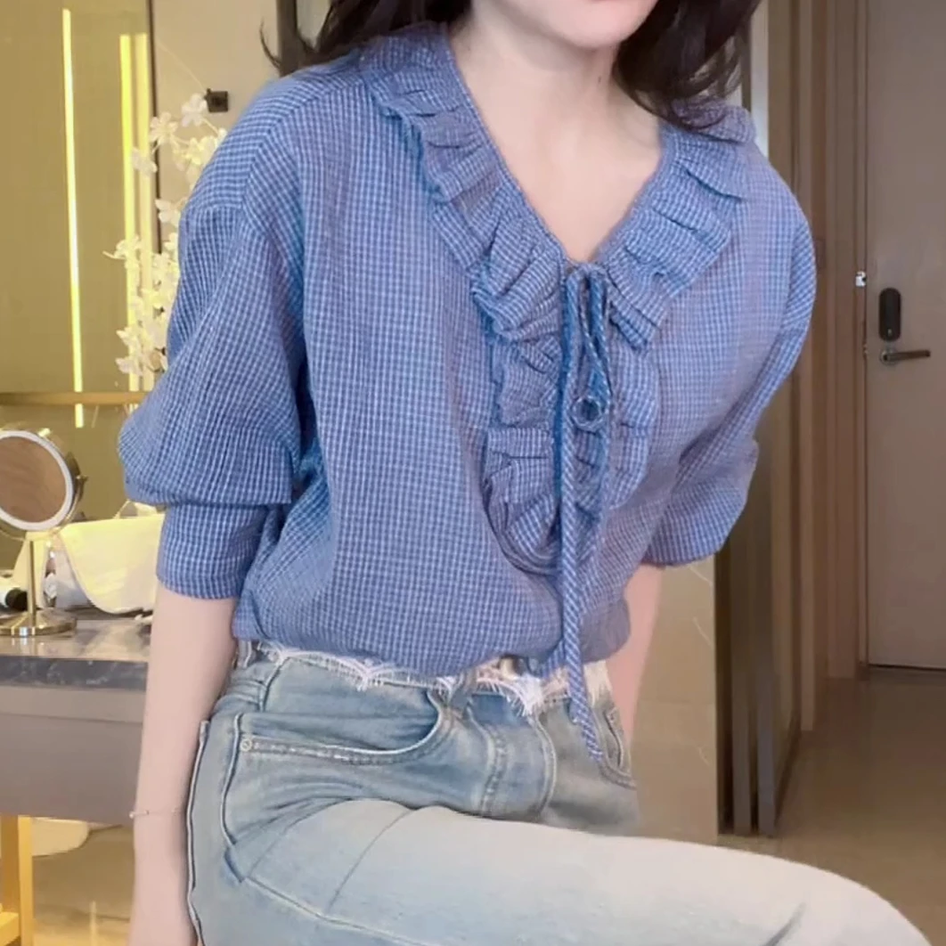 2025早春减龄荷叶花边绑带V领条纹长袖衬衫LK2501246