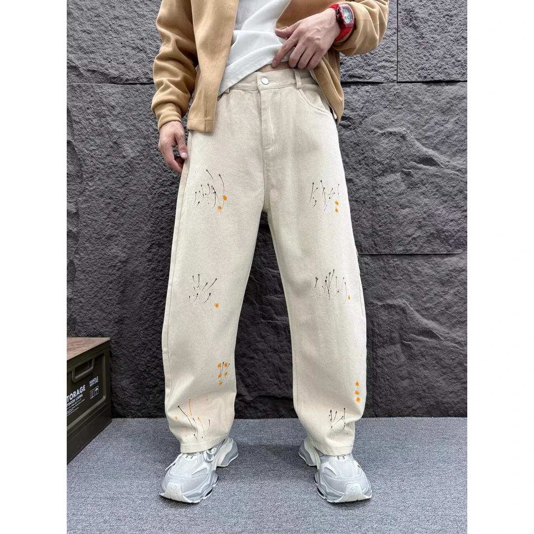 秋季直筒休闲裤宽松长裤百搭潮流个性水洗弯刀泼墨裤子复古男装DS