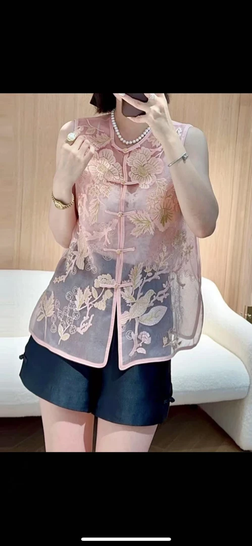 时尚百搭通勤风新中式刺绣提花粉色马甲背心