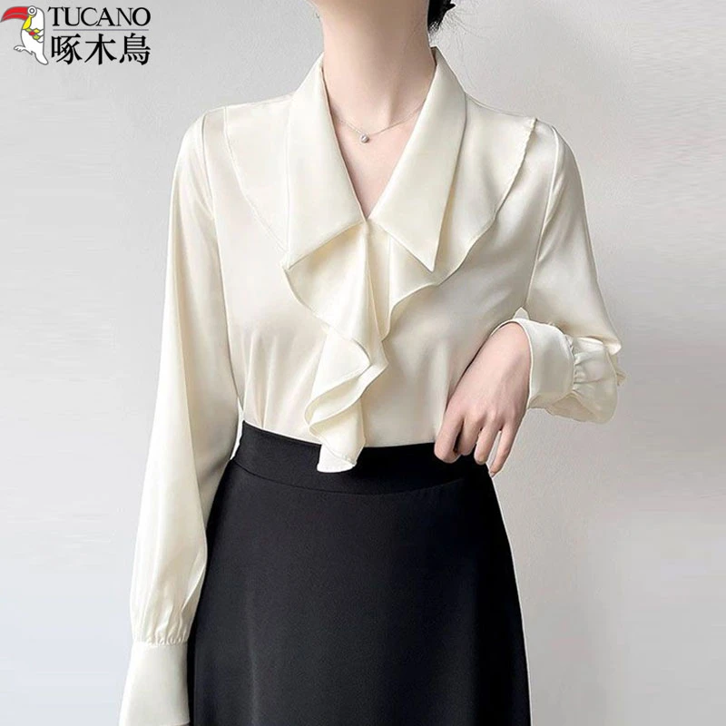 TUCANO/啄木鳥法式长袖衬衫秋季新款气质荷叶边职业衬衣女款