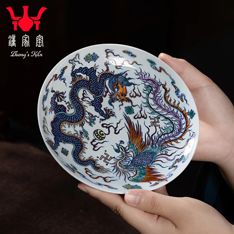 钟家窑青花斗彩手绘描金龙凤壶承 景德镇高端茶具圆形茶盘干泡台