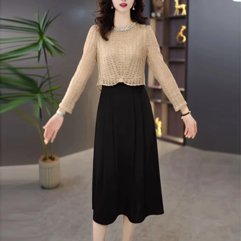 高端精致小香风时尚假两件连衣裙女2025秋新款妈妈装修身显瘦裙子