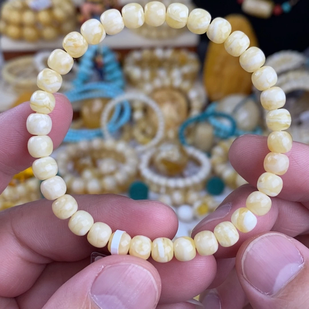 蜜蜡未镶嵌手链瓷白细纹虎皮6.4mm高桩